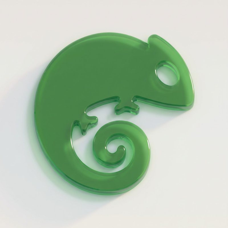 The Pyflx chameleon mark in green glass