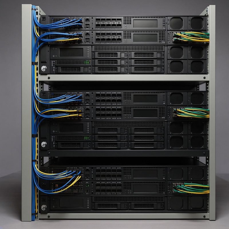 A rack of Pyflx servers with neatly bundled network cabling